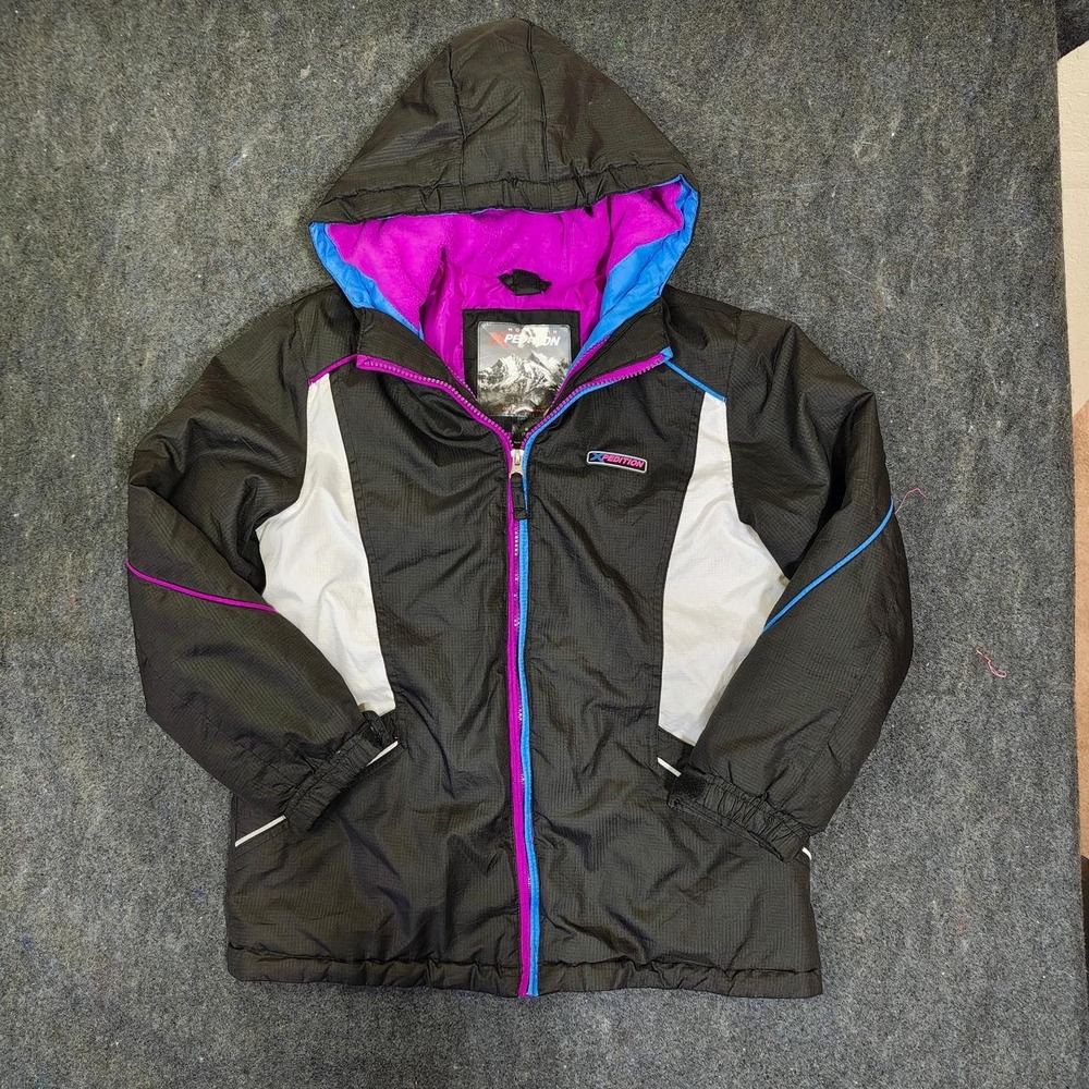Mountain Xpedition Girls Black Purple Colorblock Hooded Ski Jacket Size M 7-8
